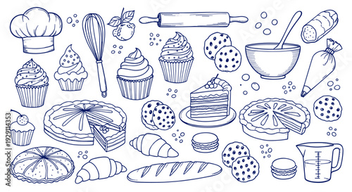 A delightful collection of hand-drawn baking illustrations including cakes pies croissants bread and pastries perfect for culinary themes