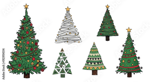 Diverse collection of stylized Christmas trees featuring traditional and modern designs ideal for holiday season decorations, festive greeting graphics, and winter celebration event planning
