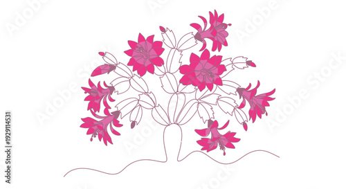 Elegant continuous line drawing of a vibrant pink flowering plant with stylized petals and leaves, perfect for botanical themed stationery, invitations, and contemporary home decor