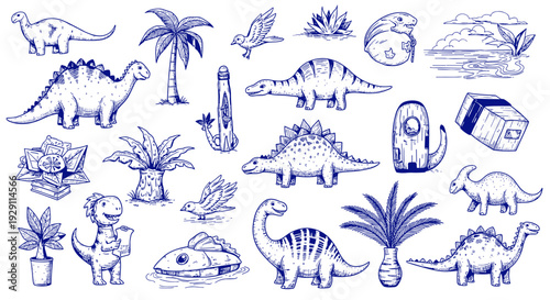 Whimsical Hand Drawn Dinosaur Collection Featuring Various Species and Prehistoric Plants in Blue Ink Style