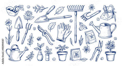 Collection of Hand Drawn Garden Tools and Supplies for Planting Flowers and Vegetables in a Beautifully Illustrated Botanical Style