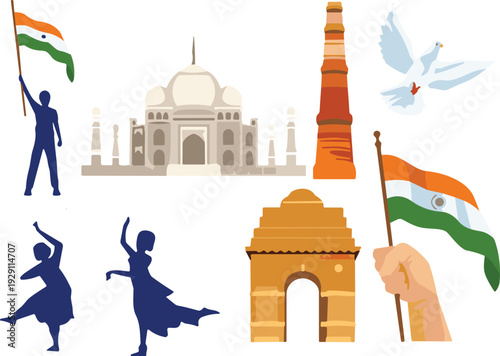 Collection of Indian cultural symbols including the Taj Mahal, India Gate, dancers, flags, and a dove
