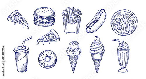 Hand drawn collection of delicious fast food and sweet treats including pizza burger fries hotdog ice cream donut and milkshake isolated on white background