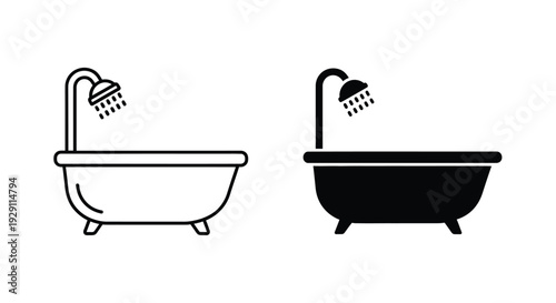 Two black bathtub icons with showerheads a minimalist design silhouette