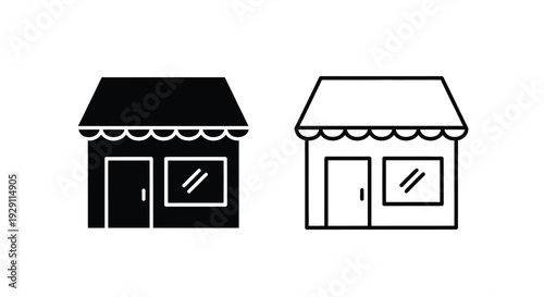 Two storefronts with awnings one black and one white depicted as a simple silhouette