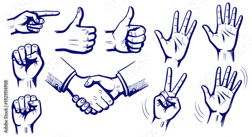 Collection of Hand Gestures and Symbols Representing Communication Agreement Success and Action in a Vintage Sketch Style