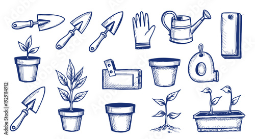 Hand drawn sketch of gardening tools and plants in pots symbolizing growth and nature hobbies for outdoor activities and spring season