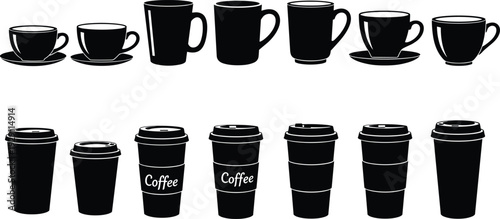 Coffee cup and takeaway mug silhouette icon set hot drink cafe espresso black vector illustration isolated