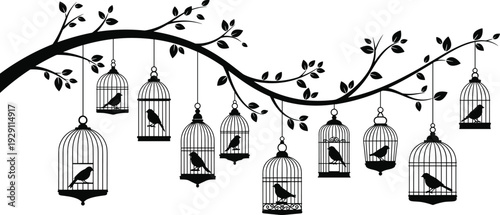 Decorative bird cage silhouettes hanging on tree branch with birds, leaves and elegant nature design isolated on white