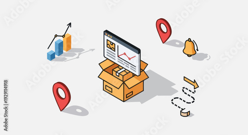 Laptop Emerging from Cardboard Box with Graphics.