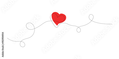 Continuous one line drawing illustration featuring a vibrant red heart intertwined with smooth flowing curves on a clean white backdrop