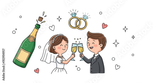 Happy newlywed couple celebrating their wedding day with a champagne toast, surrounded by engagement rings and celebratory sparkles for party invitations, marriage announcements, and