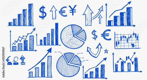 Hand drawn financial charts and currency symbols illustrating business growth and economic analysis with a blue sketch style on a white background