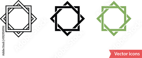 Geometric Islamic star patterns in outline, black fill, and green fill variations octagon
