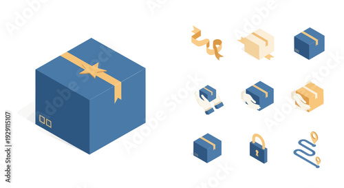 Blue Package Delivery Box with Ribbon.