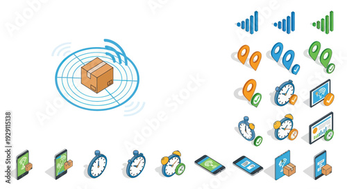 Digital icons representing various devices and data.