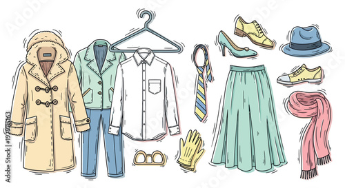 A versatile collection of various seasonal clothing and personal accessories for creating stylish outfits and showcasing diverse apparel choices