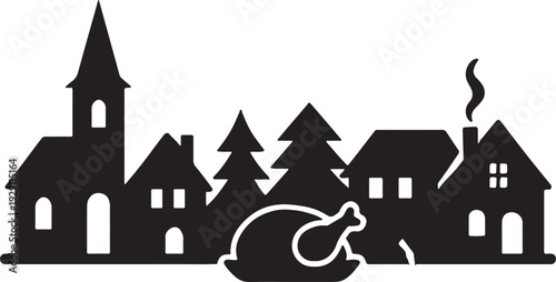 Black Silhouette of Haunted Houses Christmas Trees and Turkey for Holiday Decor
