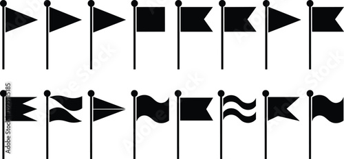 Flag silhouette icon set marker banner pennant symbols isolated on white black vector collection
