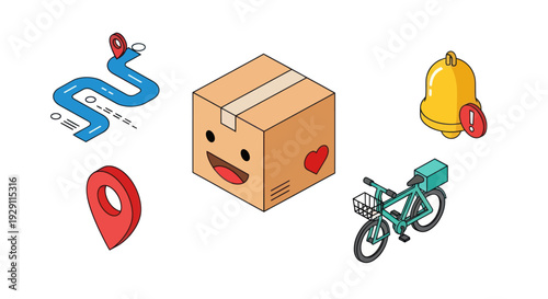 Carton with Smiling Face and Delivery Icons.