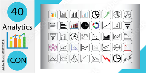 Analytics icon set 40 business statistics and data visualization symbols for marketing financial reporting and management