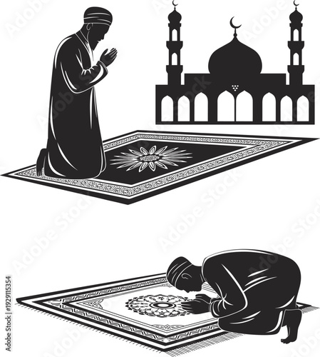 Islamic prayer scenes with men on prayer rugs before a mosque silhouette and in prostration worship