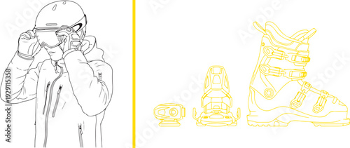 Red line art featuring winter gloves and a pom-pom beanie next to a rustic wooden signpost pointing toward various ski trails like "Bunny Hill" and "Powder Peak."