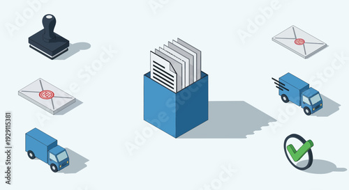 Blue Box with Documents and Delivery Trucks.