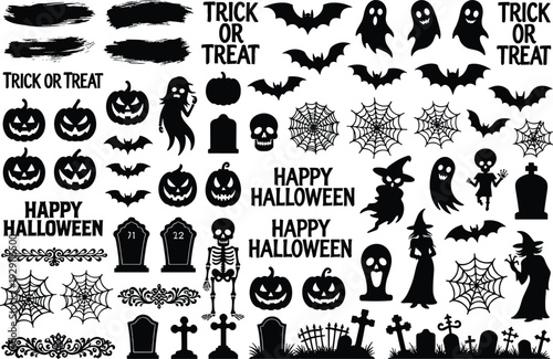 Halloween silhouette clipart set pumpkins bats ghosts witches skulls spider webs graveyard trick or treat black vector