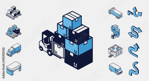 Stacked Shipping Containers and Logistics Icons.