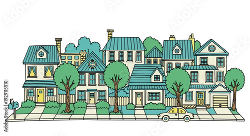 A charming street view of colorful suburban houses with green trees and a car parked on the side, perfect for real estate brochures, community projects, or childrens book layouts