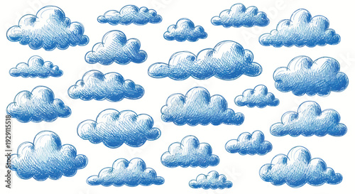 Stylized blue clouds with a hand drawn sketch appearance suitable for illustrating weather phenomena and atmospheric conditions in educational materials