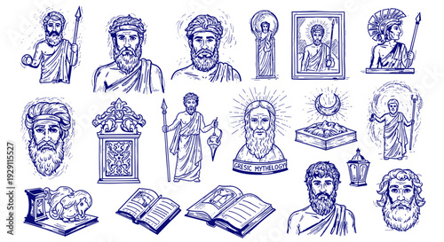 Collection of Ancient Greek Mythology Figures and Symbols Hand-Drawn Sketch Style Illustration