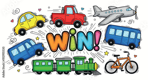 A colorful collection of vehicles including a car truck airplane two buses a train and a bicycle surrounds a vibrant WIN text perfect for childrens games and playful promotions
