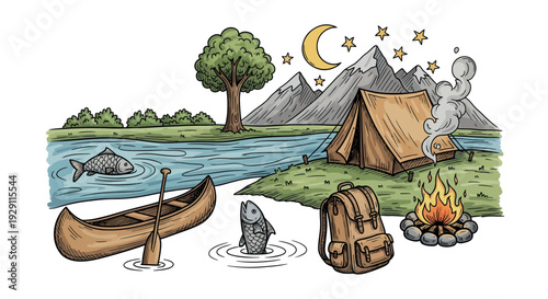 Enchanting night camping scene by a serene river with majestic mountains, a comfortable tent, warm campfire, and a canoe, perfect for outdoor adventure and naturethemed content