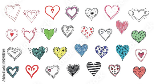 A playful collection of diverse hand drawn hearts in doodle style, ideal for romantic greeting items, seasonal holiday projects, or whimsical graphic overlays.