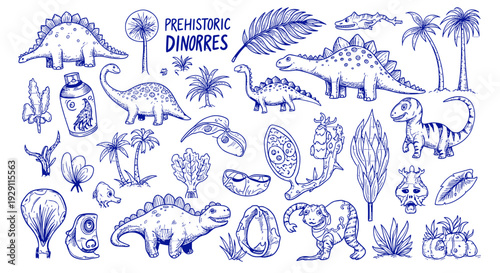 Collection of hand-drawn prehistoric dinosaurs and flora in a charming sketchy style perfect for educational or decorative purposes