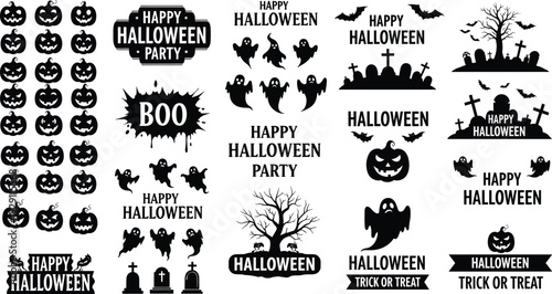 Halloween silhouette typography and icon set pumpkins ghosts bats graveyard spooky party happy halloween trick or treat vector