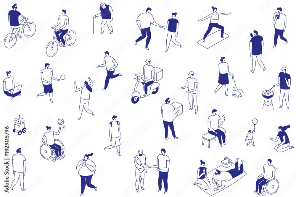 Obraz premium Isometric line people isolated collection showing daily urban life on white background. Minimal blue outline characters include delivery, running, family time, pets and casual city activities.
