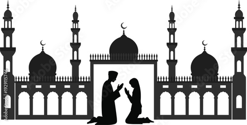 Silhouette of a man and woman praying together in front of a mosque a representation of Islamic family worship and unity