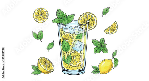 Refreshing cold lemonade beverage in a tall glass with ice cubes, fresh lemon slices, and mint leaves, perfect for promoting summer drinks and healthy recipes.
