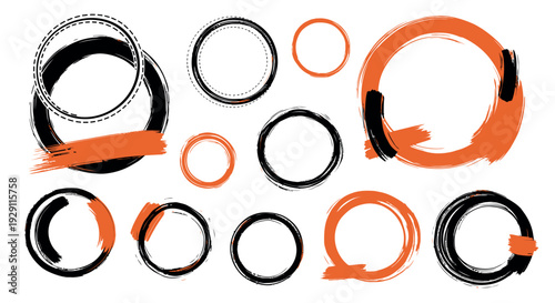 Dynamic collection of abstract brush stroke circle shapes and grunge round frames in black and orange, perfect for enhancing visual communication, expressive branding, or modern project