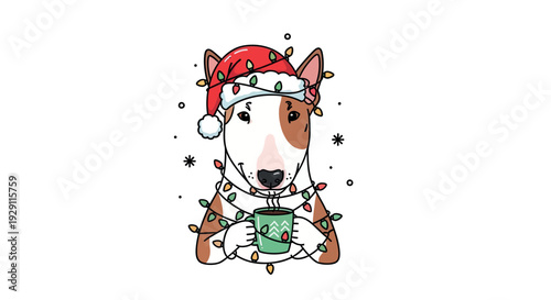 A charming Bull Terrier dog wearing a festive Santa hat and wrapped in colorful string lights, holding a steaming hot beverage mug, perfect for cozy holiday season greetings and winter