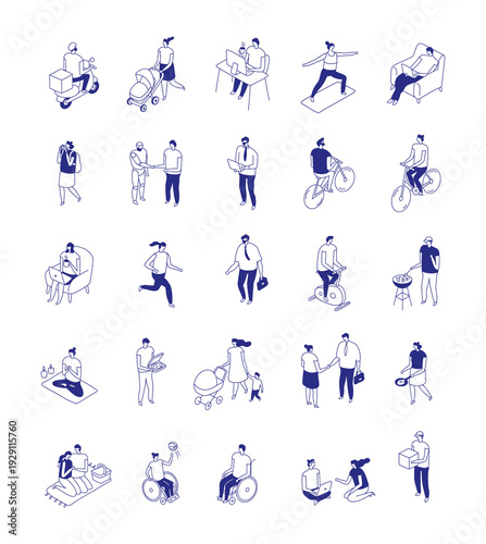 Isometric line people isolated set of characters in active everyday situations on white background. Minimal blue outline lifestyle bundle 