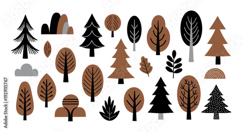 Stylish collection of diverse graphic trees and simple forest elements in black brown and gray suitable for modern nature inspired prints wall decor and educational materials.