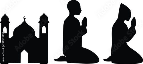 Silhouette of a mosque and two individuals kneeling in prayer or meditation, conveying a sense of Islamic devotion and spirituality