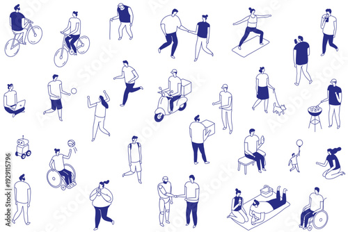Isometric line people isolated collection showing daily urban life on white background. Minimal blue outline characters include delivery, running, family time, pets and casual city activities.