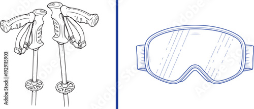 Blue line art featuring detailed ski pole handles with ergonomic grips and wrist straps, alongside a standalone pair of professional snow goggles with a wide lens.