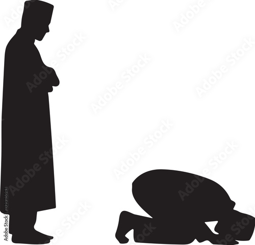 Silhouette of a Muslim man standing while another man bows in prayer on a prayer mat bowing