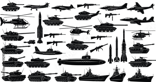 Military weapons and vehicles silhouette set tanks aircraft helicopters missiles ships guns black vector collection isolated